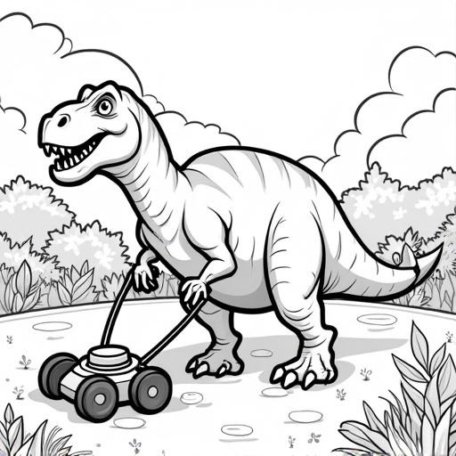 Black and white cartoon image of a dinosaur mowing the lawn in an English garden. Suitable for coloring book for kids aged 6.