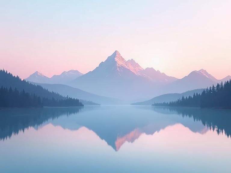 Serene mountain landscape at sunrise. Soft pastel colors in the sky. Tranquil lake reflecting peaks. Minimalist and clean aesthetic. Suitable for 4K wallpaper.