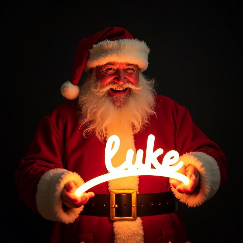 Image of Santa Claus holding a glowing stick that spells Luke. Santa is in a red suit with a white beard. Dark background enhances the glow. Santa looks joyful.