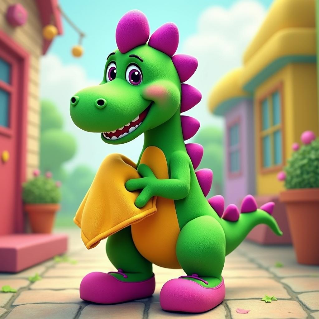 Vibrant depiction of a green dinosaur character in a playful setting. Character features purple spine and cheerful expression. Dinosaur holds yellow blanket in colorful landscape, typical of a child's imagination.