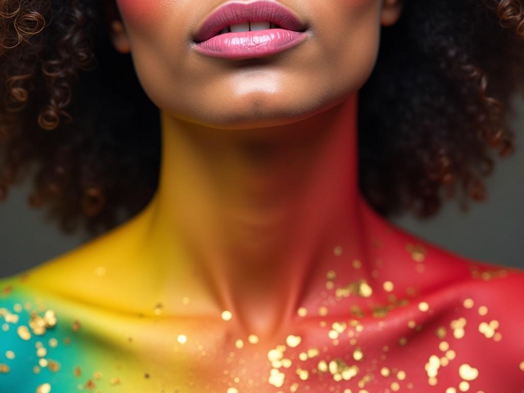 This image features a close-up of a woman's shoulders and lips highlighting vibrant colors painted on her skin. The colors blend harmoniously with red, yellow, and green hues creating a striking visual. Gold glitter adds a touch of elegance and sparkle to the overall aesthetic. The soft lighting accentuates her natural beauty and the detailed makeup. This artistic representation evokes creativity and celebrates beauty in diverse forms.