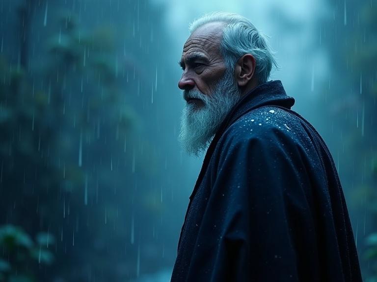 A portrait of a wise man in blue rain. The man has a long beard and looks thoughtful. The setting is moody, with rain and dynamic lighting. The style is hyperrealist and photorealistic with depth and detail.