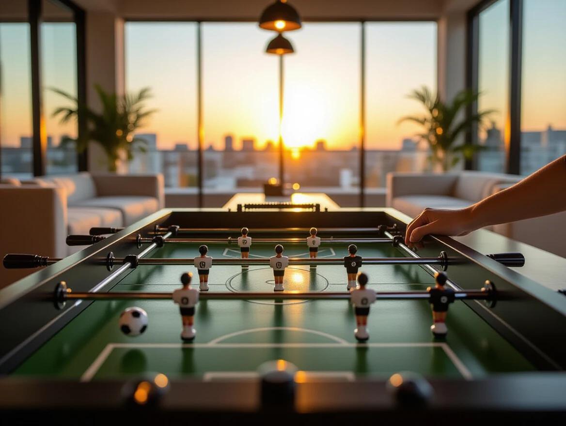 Close-up low-angle shot of sleek black foosball table. Camera positioned at player hand level focused on rods and miniature soccer players. Glossy surface reflects ambient light. Several balls visible near center of table. Background softly blurred showing elegant game room with large floor-to-ceiling windows and cream sofas. Dark wood flooring enhances upscale atmosphere. Warm sunset lighting creates soft golden glow. View of city skyline outside.