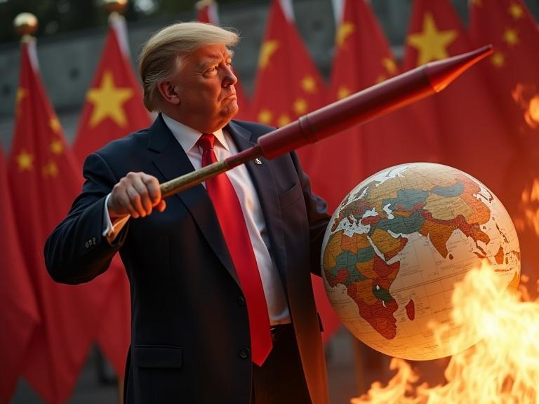 Donald Trump hits a globe with a red hammer labeled 'TAXES' showing an angry expression. Background features burning Chinese and European flags. Photorealistic style with dramatic lighting. Dark background. Large text reads 'TRADE WAR 2.0'.