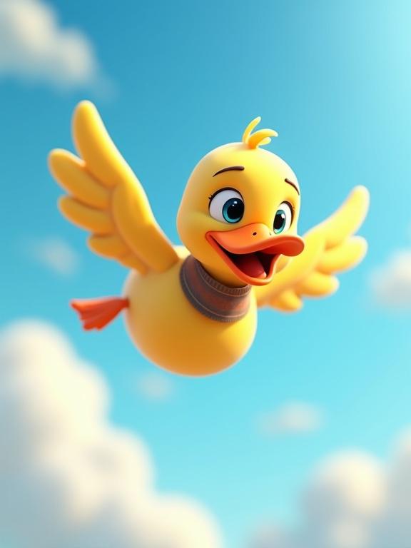 3D cartoon duck flying through bright blue sky with fluffy clouds. Duck has smooth yellow body and expressive orange beak. Tiny aviator scarf flutters in the wind. Fun and uplifting mood with soft lighting and Pixar-like finish.