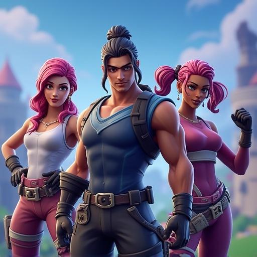 Characters from a popular video game stand together in a vibrant and colorful setting. Three distinct characters display unique styles and poses, contributing to an energetic atmosphere.