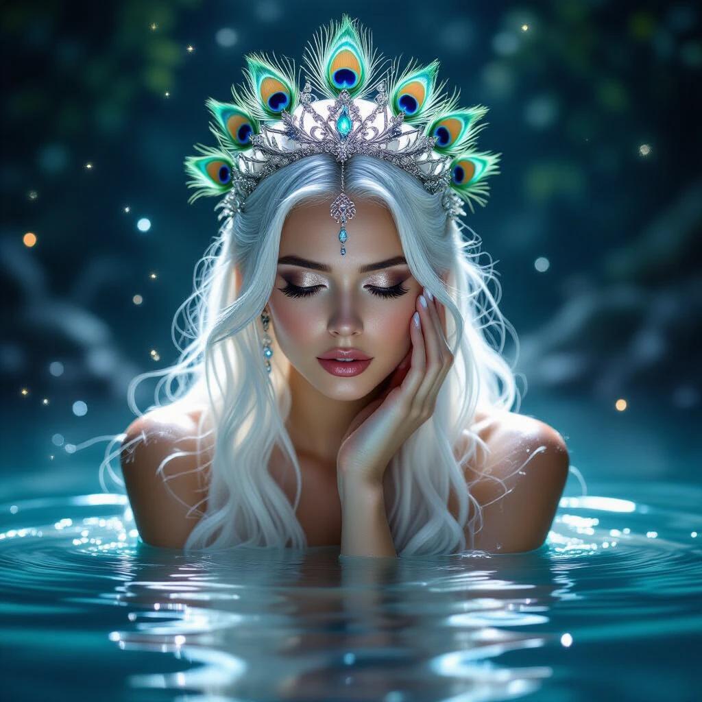 Woman with long white hair partially submerged in shimmering water. Adorned with a peacock feather crown. Delicate features illuminated by soft light. Pale skin glistening with droplets. Serene expression while touching her face. Dark surroundings creating contrast. Ethereal sparkles and mist enhancing the atmosphere. Conveys beauty and tranquility.
