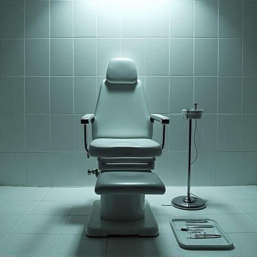 A medical examination chair is shown under bright, cold lighting. The surrounding tiles are white and sterile. On a tray nearby, there are three silver scalpels. The scene has a monochromatic color scheme that emphasizes unease and dread. The chair appears haunting and unsettling.