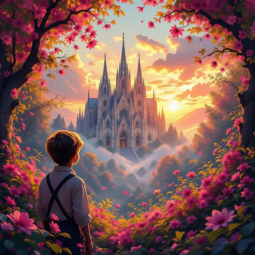 A young farmer boy gazes at a grand cathedral deep in a blossom forest. Vibrant blossoms surround the scene. An ethereal sunset adds glowing tones. Soft shadows create depth. The moment is enchanting and full of detail. High resolution digital art captures the essence of the atmosphere.