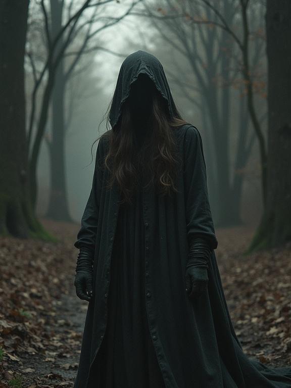 A foggy trail leads through a dark forest. A hooded figure with long hair stands at the end of the path. The figure is dressed in a long, dark cloak. Trees loom in the background, their trunks covered with shadows. Fallen leaves cover the ground. An eerie feel permeates the scene.