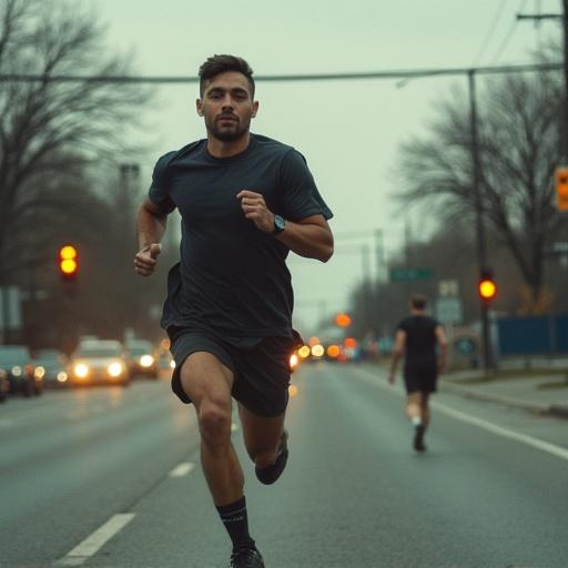 Person running down a street in an urban environment. Captured in a natural light setting. Focus on the action and movement. Slightly moody atmosphere.