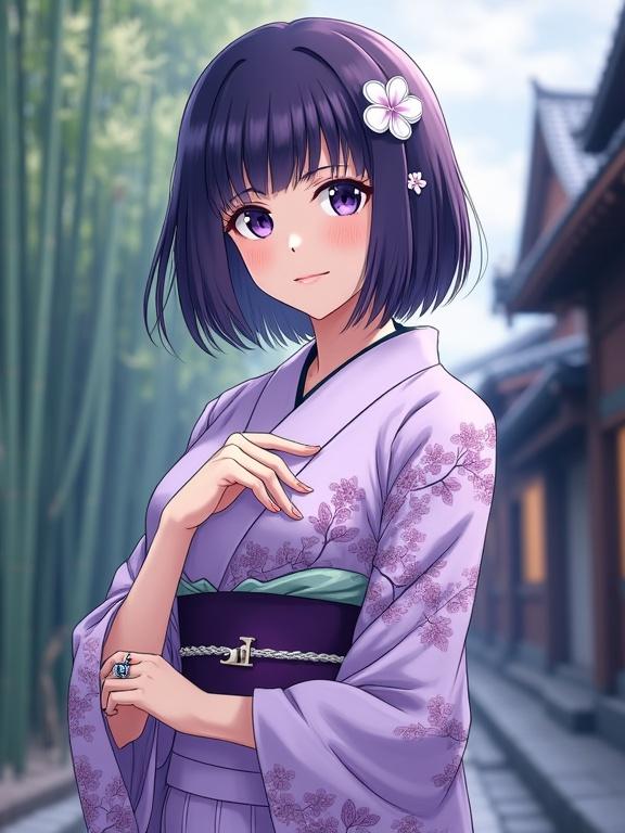 Full-body shot in anime style of a woman with dark violet hair styled in a bob cut. Dark violet eyes with light eyeshadow. Elegantly dressed in a wisteria-colored kimono with floral pattern. Crisp white collar and deep purple obi sash. Single white flower hair ornament and ring on right hand. Serene expression and graceful pose against bamboo forest and Kyoto cityscape.