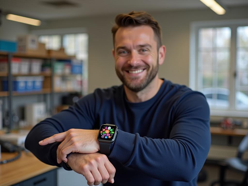 A man is showcasing his smartwatch on his wrist. He is in a well-lit room with various items in the background, including containers and tools. The smartwatch has a vibrant, colorful face displaying various metrics or notifications. He is wearing a navy blue long-sleeved shirt. The atmosphere appears casual and friendly, suggesting a moment of sharing or displaying technology.