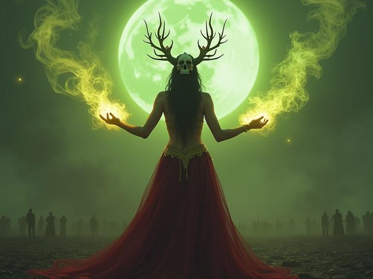 A powerful necromancer queen stands centrally with outstretched arms channeling energy. Dark hair cascades down her shoulders. She wears a skull headdress and a golden scaled bra. A flowing deep red skirt billows around her. Yellow-green smoke emanates from her hands towards a luminous moon. The background features a shadowy, desolate landscape.