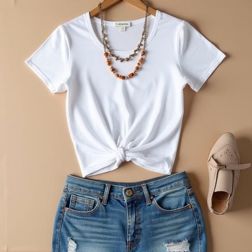 Pastel white fitted t-shirt styled with a layered necklace on beige fabric background. Next to distressed high-waisted denim shorts. Casual summer fashion aesthetic with natural light. Flat lay photography.
