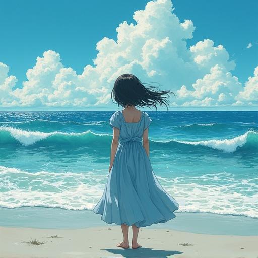 Girl standing on the seashore in a blue dress. Background features ocean and clouds. Emphasis on a dreamy atmosphere.