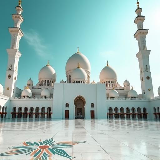 A white mosque with intricate turquoise and yellow decorations. The scene is majestic and inviting. The mosque features large domes and minarets under a bright blue sky.