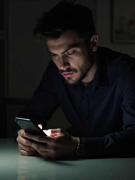 A man is texting on his phone. He hides it under the table. His expression shows guilt. The room is dimly lit. Shadows create a suspicious mood.