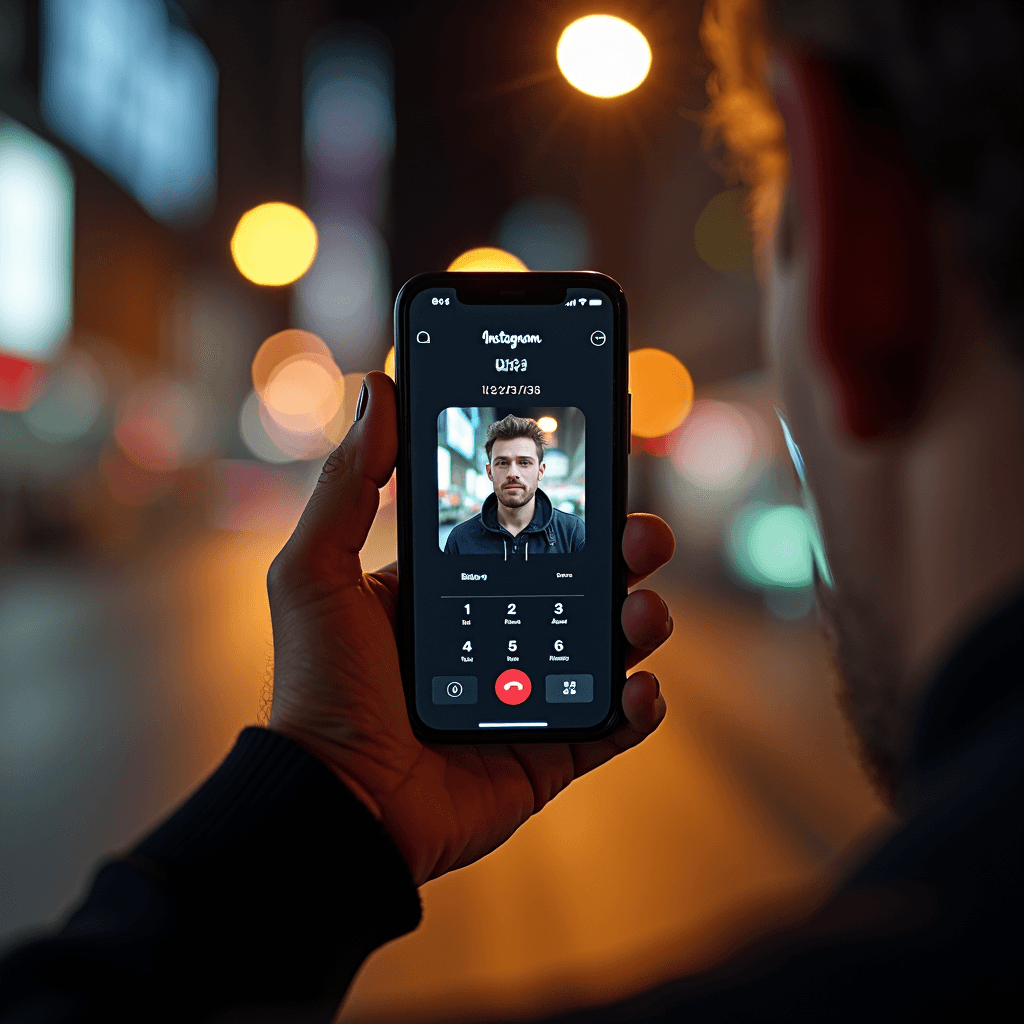 A person holding a smartphone displaying a nighttime video call in a city street.