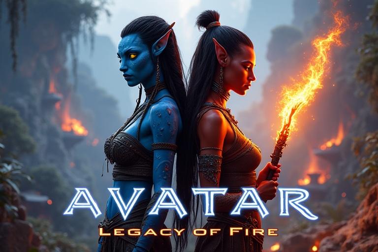 Cinematic digital illustration styled like Avatar movie poster featuring two powerful female warriors back-to-back. Right side blue-skinned Na’vi warrior with big breast curvy figure luminous yellow eyes braided hair intricate bead leather armor calm focus. Left side red-skinned warrior big breast curvy figure glowing ember eyes fiery markings wielding staff with vibrant flame. Background showcases alien jungle world cool blue lighting Na’vi warrior fiery orange around other glowing flora floating rocks distant erupting volcano swirling mist embers. Main title AVATAR in icy-blue font below Legacy of Fire in red-orange cinematic font subtle fire particles.