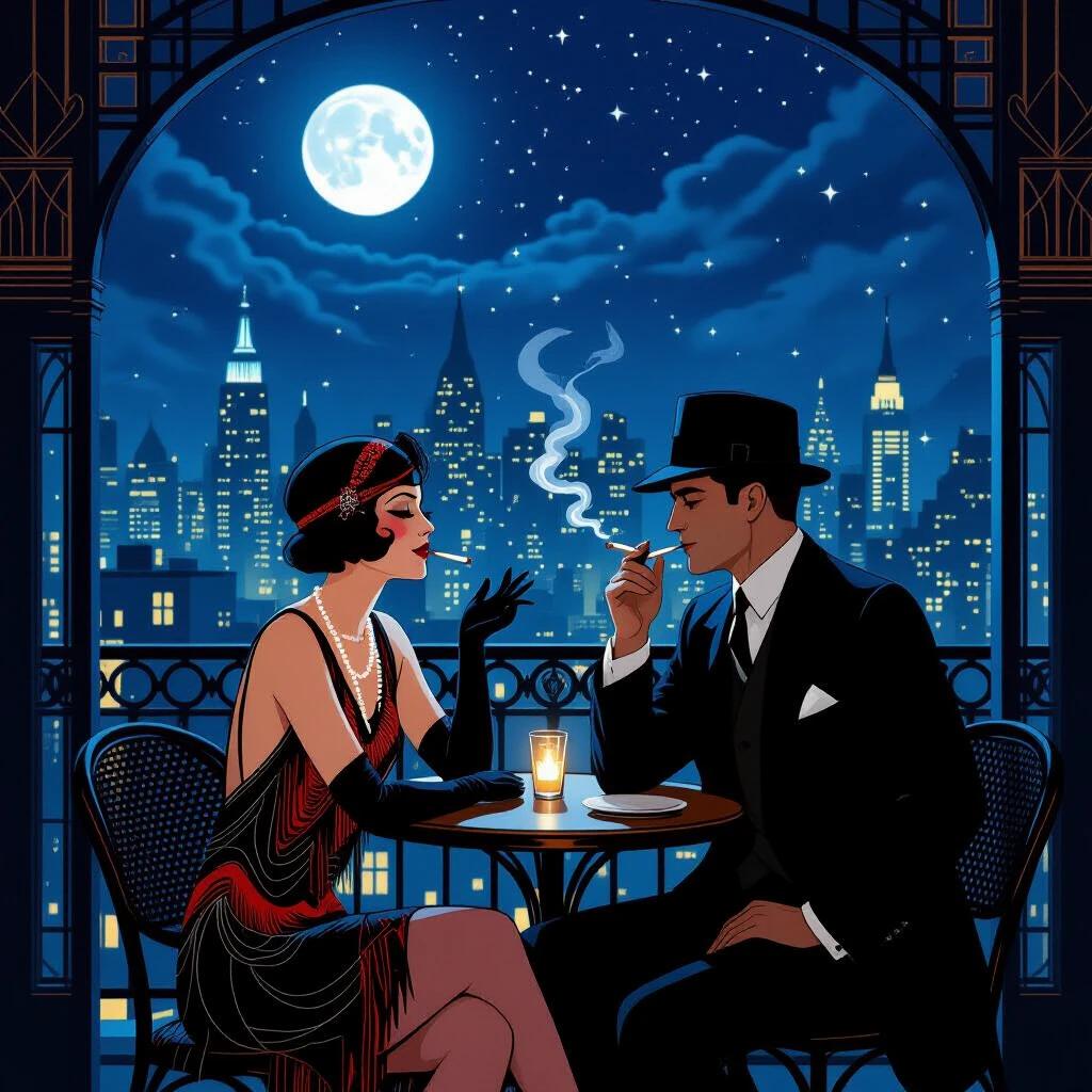 1920s speakeasy scene with a romantic rooftop setting. A flapper shares a cigarette with a gangster under the moon. The city lights twinkle below, framed by Art Deco patterns on the balcony.