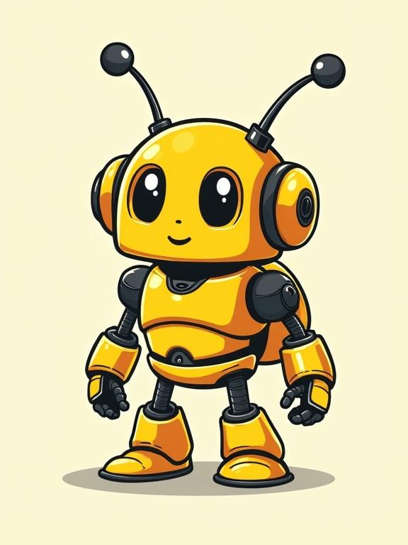 A charismatic mascot depicted as a yellow humanoid robot with beetle-inspired features. It has rounded box shapes, flat colors, and a visor for eyes. The robot has no mouth but features expressive antennas, showing a charming personality.