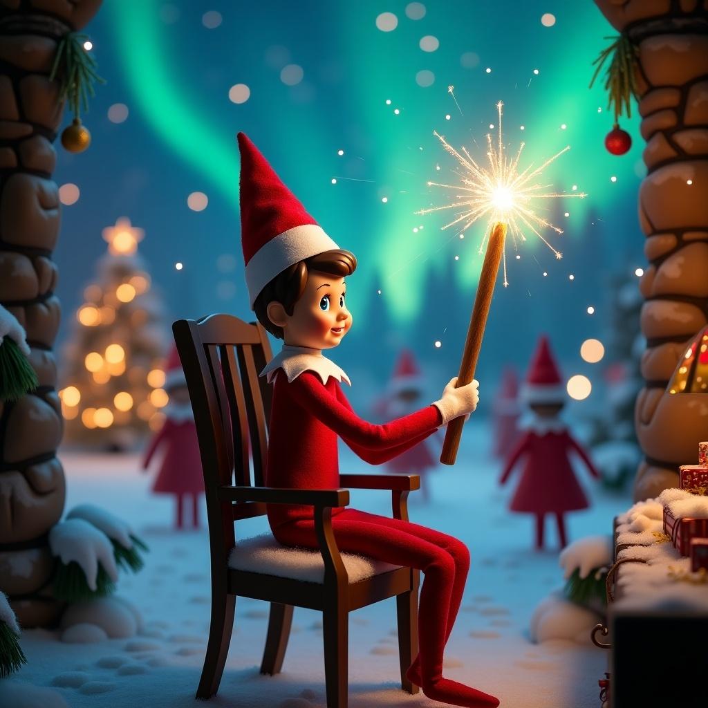 Elf on a shelf sitting on a chair at a desk in a North Pole setting holding a glowing wand with a colorful Christmas scene. Northern lights shine above. Other elves appear in the background. Snow covers the ground. Elf represents the magic of Christmas.