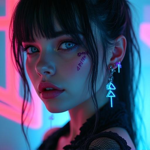 Photorealistic portrait of a futuristic gothic woman with medium round breasts. Woman features neon tattoos and holographic accessories. Person has intense blue eyes and dark messy hair. Smooth flawless skin highlighted by stark cinematic and side spot lighting. Image embodies a cyberpunk fantasy style with electric volumetric lighting and ultra-sharp focus. Illustration reflects 3D game art aesthetics using Unreal Engine and Octane rendering techniques at 8K resolution.