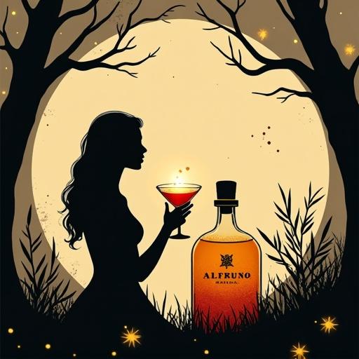 Minimalist artwork with a goddess silhouette in a moonlit forest. Goddess toasts with a cocktail. The drink is golden-reddish. Apothecary-style bottle labeled ALFRUNO glows. Bold black outlines with a uni-beige background. Subtle polka dots add texture. Glowing fireflies and rosemary sprig included. Mysterious and elegant mood.