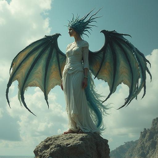 Female with dragon wings and medusa-like head stands on rocky terrain against a cloudy sky