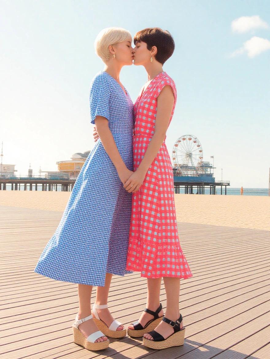 Two women with short hair kissing on a beach boardwalk. Both wear summer dresses. One dress is blue and the other is pink. They stand on wooden planks. Platform heeled sandals are worn.