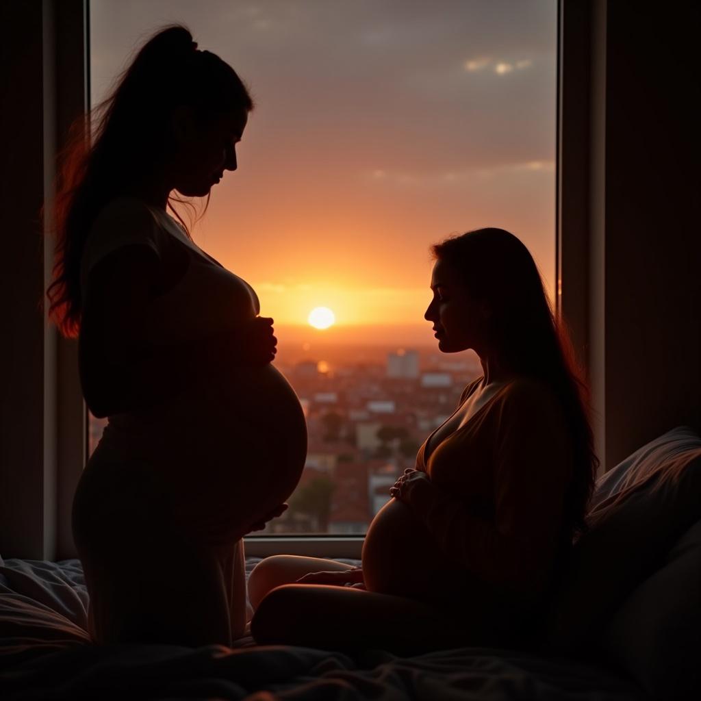 Silhouette of pregnant woman standing by window holding belly. Pregnant woman sits on bed by window gazing at sunset. Two pregnant figures in golden hour light.