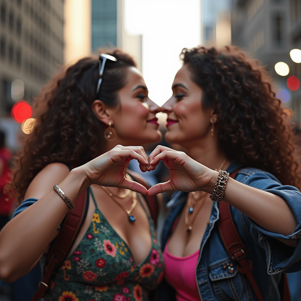 Two women face each other and form a heart shape with their hands.