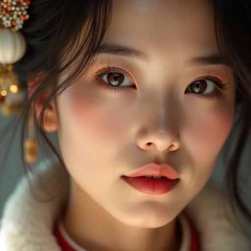 Captivating close-up of a young woman showcasing beauty. Emphasis on eyes with soft, glowing skin. Blurred background enhances focus on facial details. Warm color tones reflect ancient beauty aesthetics.