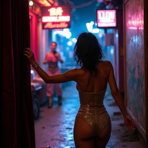 A ladyboy in a sequined bodysuit dances in a Red Light District alley. Flickering neon lights illuminate the scene. Hand trails along a velvet curtain. A rival dancer in a leather corset enters the frame. Tension fills the air. Shallow depth of field emphasizes figures. A blurred mirror reflection hints at observers. Wet pavement glistens under cold streetlight. Rival's stance disrupts the moment.