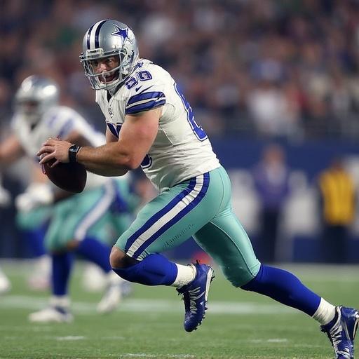 Exciting Dallas Cowboys football player in action during a game. Player in a vibrant uniform with focus and determination. Background shows cheering fans capturing game day excitement. Image highlights the thrill of NFL football.
