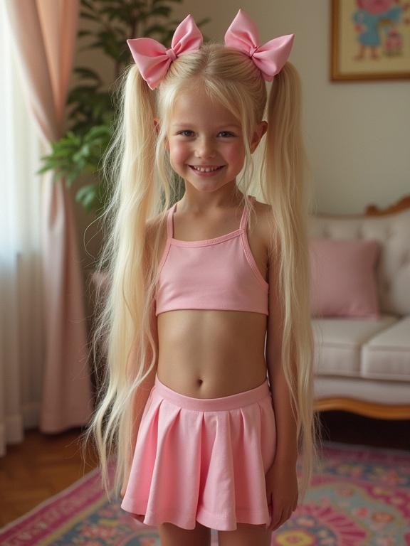 A young girl with long blonde hair in twin tails and pink bows stands in a living room. She wears a pink crop top and a pleated micro skirt. The atmosphere is cheerful, suitable for a birthday party.