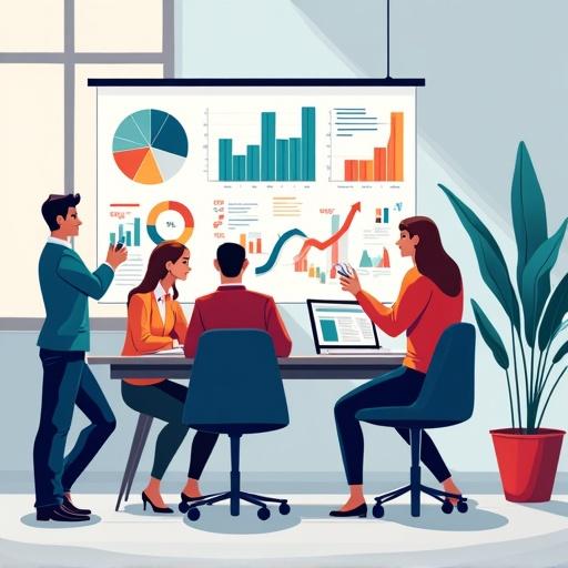 A vibrant illustration of a team of business professionals engaged in data analysis. Modern office space with bright lighting. Team members shown in cartoon forms. Charts and graphs displayed prominently. Emphasis on teamwork and technology in decision-making. A plant adds to the work environment.