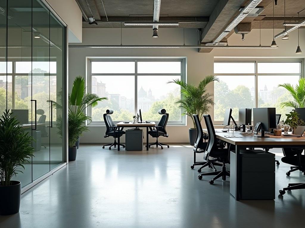 The image showcases a modern office environment. It features a spacious layout with large windows letting in plenty of natural light. The furniture is minimalistic and ergonomic, designed for comfort and productivity. There are several desks arranged thoughtfully, allowing for a collaborative work atmosphere. Potted plants add a touch of greenery, bringing warmth to the professional setting.