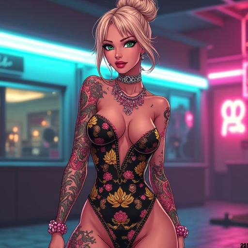 Anime background featuring luxurious nightclub setting. Woman with emerald green eyes. Attractive face with oversized light blonde French bun. Wearing edgy printed dress with colorful floral designs. Light pink diamond jewelry. Muscular build with visible abs and tattoos. Surrounded by fans.