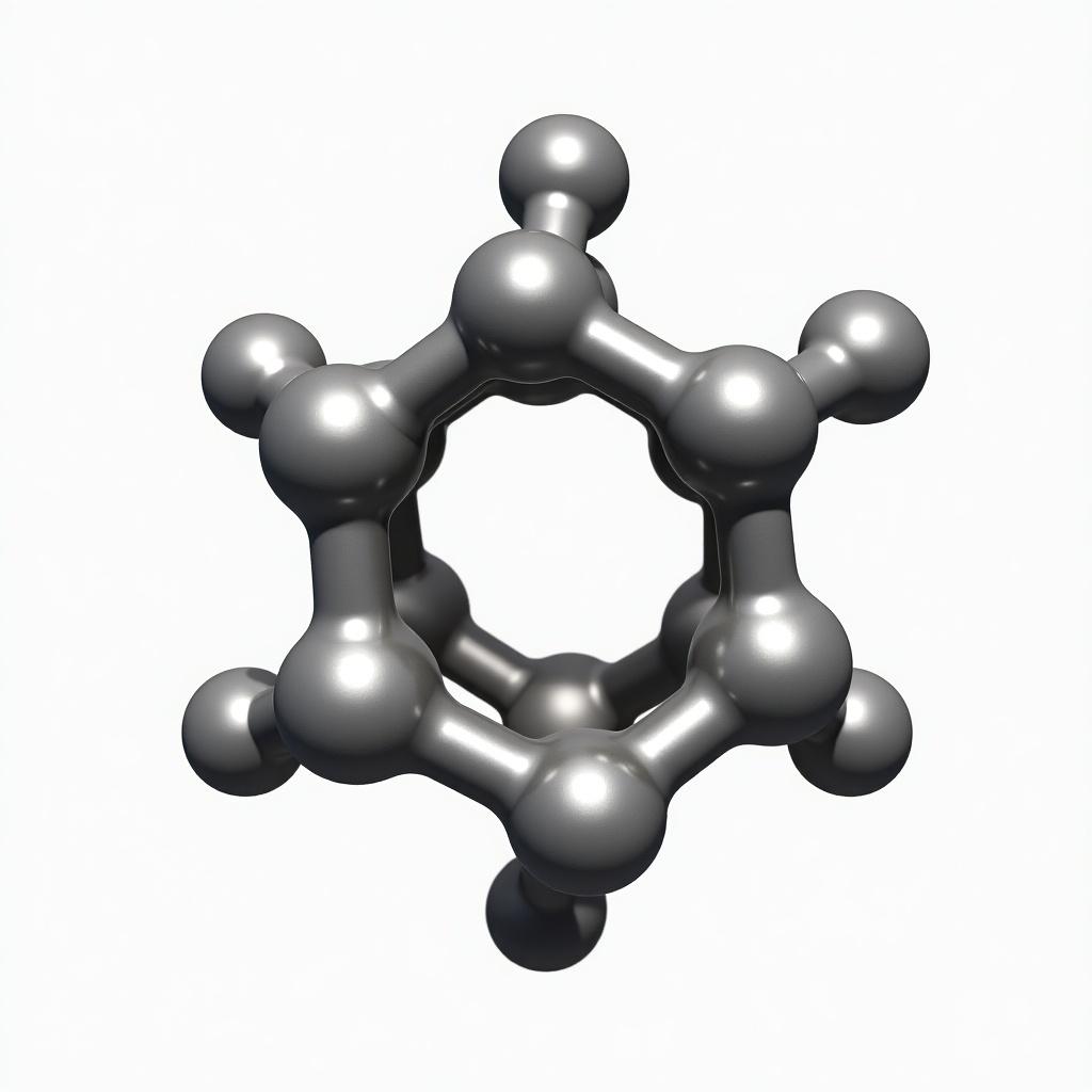 This image depicts a 3D representation of a titanium MXene structure, showcasing a series of metallic spheres arranged in a hexagonal pattern. The structure is designed to illustrate the unique properties of this advanced material, often used in various applications, including energy storage and electronics. The model highlights the interconnectedness of the titanium atoms, with a shiny metallic finish. Soft lighting enhances the visual appeal, making it suitable for educational purposes. This representation serves to inform about the fascinating world of nanotechnology and materials science.