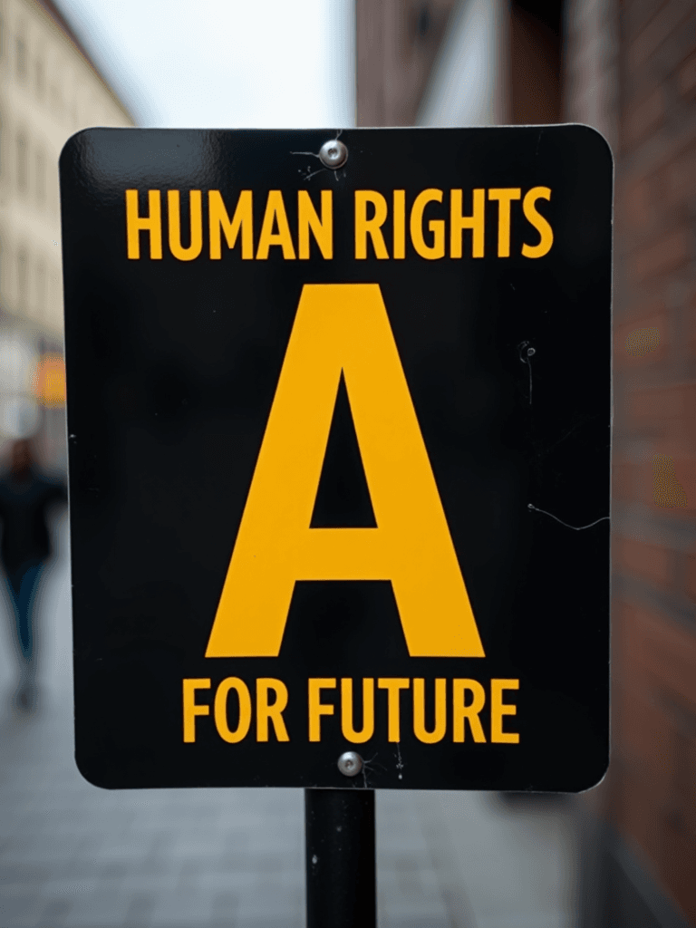 A black sign with yellow text, reading 'Human Rights A for Future,' is displayed on a street.