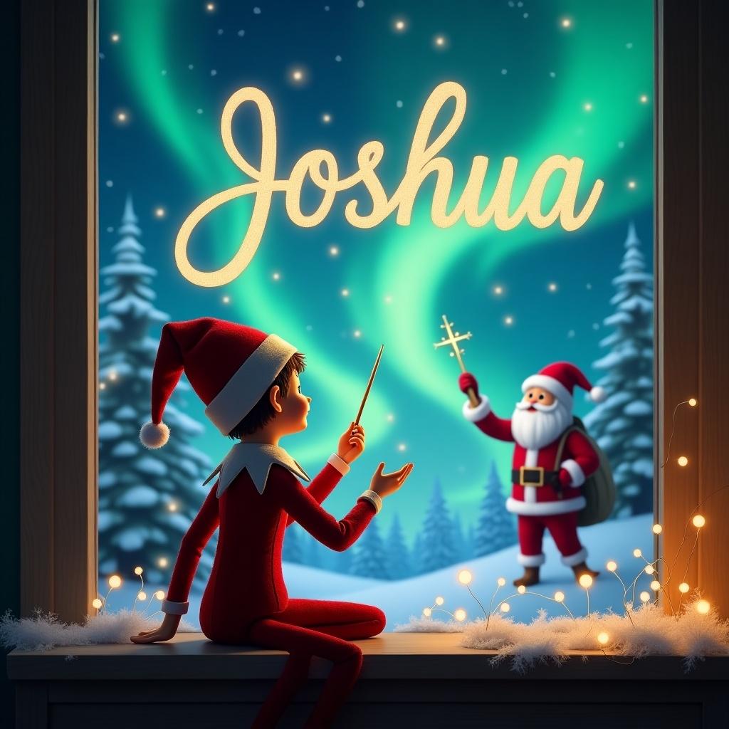 An enchanting Christmas scene featuring an elf on the shelf. The elf is seated with his back to the viewer, gazing up at a magical sky. He holds a wand and is using it to elegantly write the name 'Joshua' illuminated in bright letters. In the background, northern lights cascade across the sky, creating a captivating atmosphere. Santa Claus stands nearby, adding to the festive charm. Twinkling lights adorn the window ledge, enhancing the holiday spirit in this illustration.