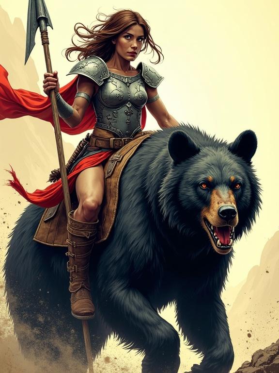 Hand-drawn comic illustration. Cel-shading style. Cinematic composition with high contrast. Detailed depiction of skin and fabric. Bold outlines. A female goblin fighter in heavy armor riding on a black bear. She wields a spear.