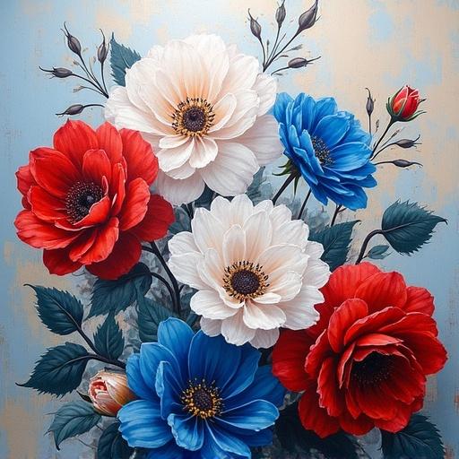 Large modern hand painted artwork of spring flowers featuring blue, red, and white colors and roses. Detailed and vibrant.