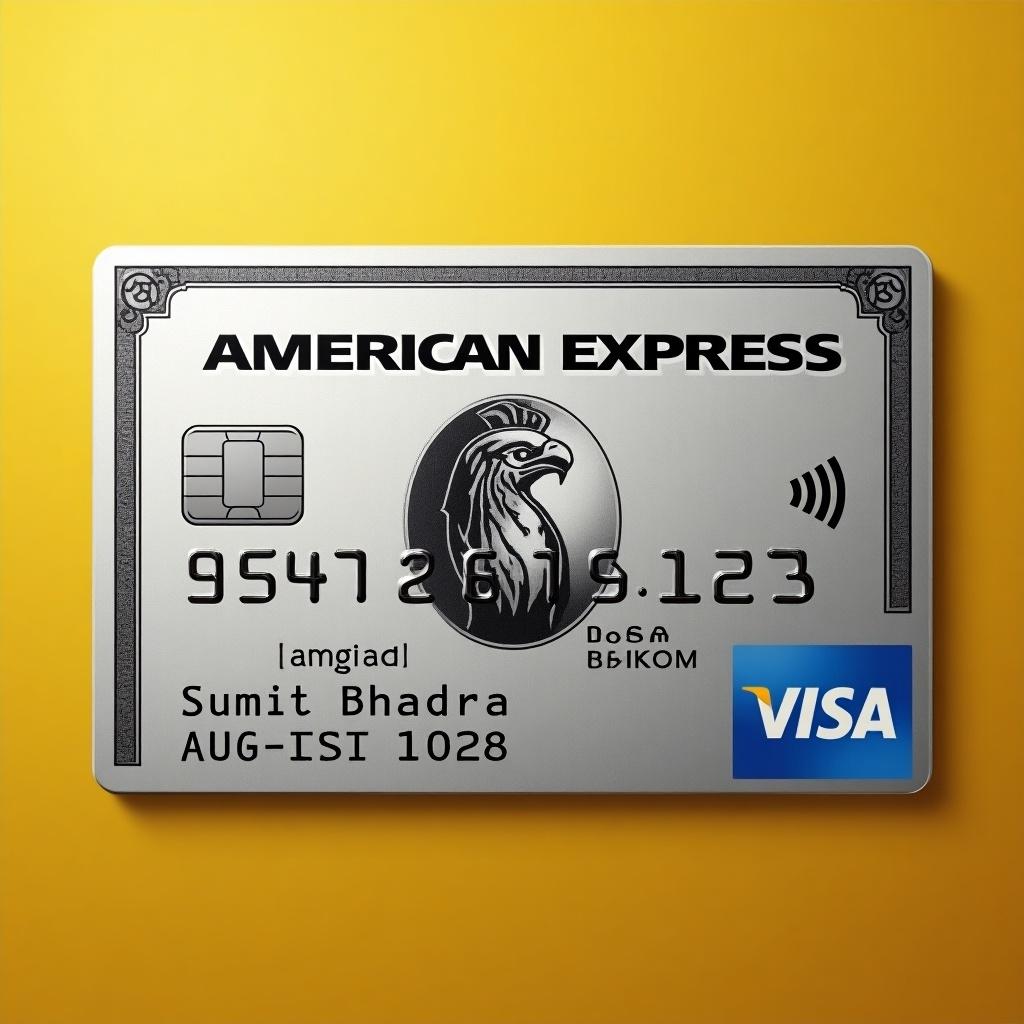 Image of a platinum American Express credit card with a visible Visa logo. Cardholder name is Sumit Bhadra. Expiry date is August 2028. Golden background with bold black font for modern elegance.