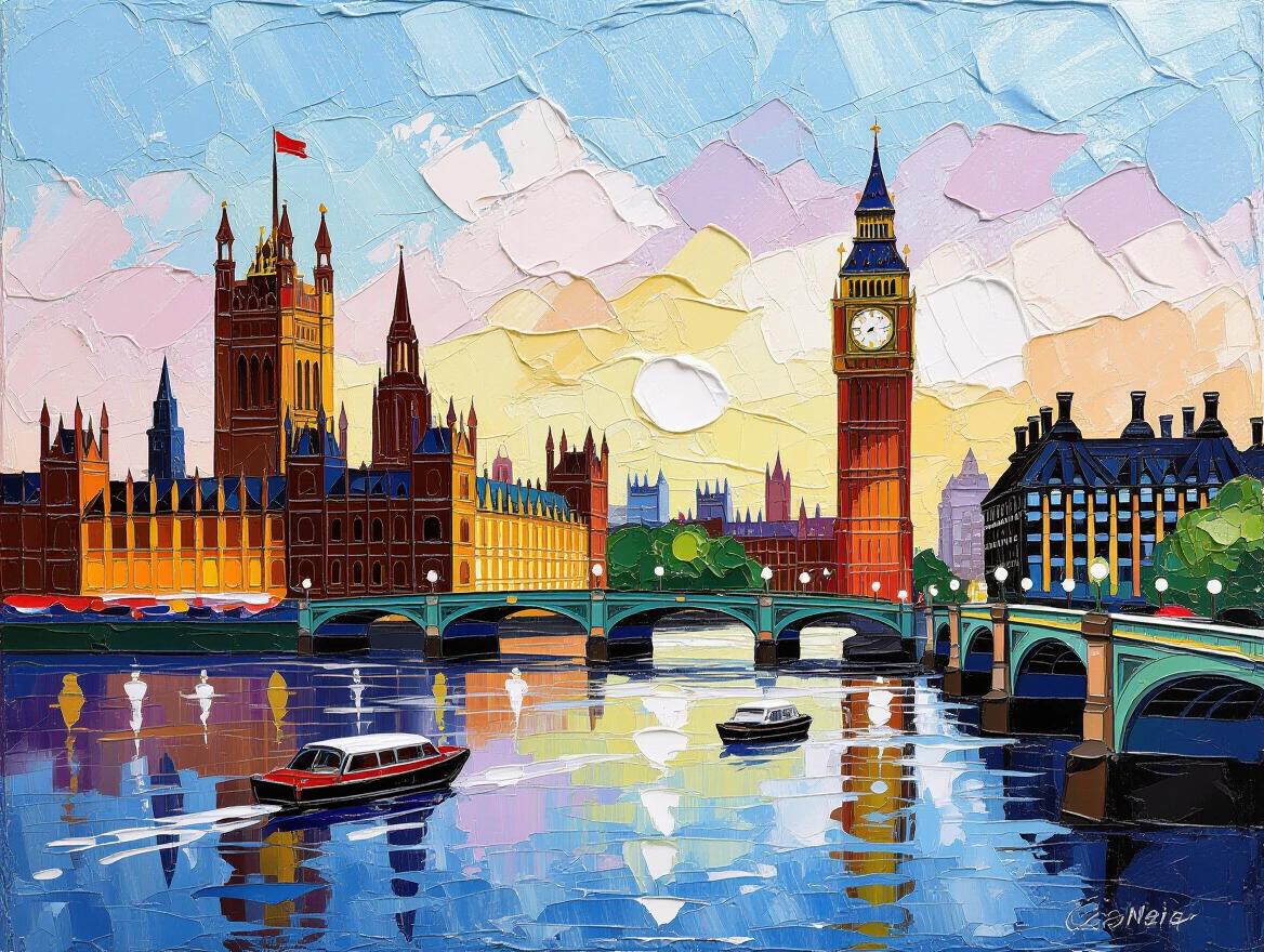 A highly textured encaustic painting depicting London in the morning. Thick brushstrokes create a three-dimensional relief effect. Big Ben and the Houses of Parliament are the main focus.