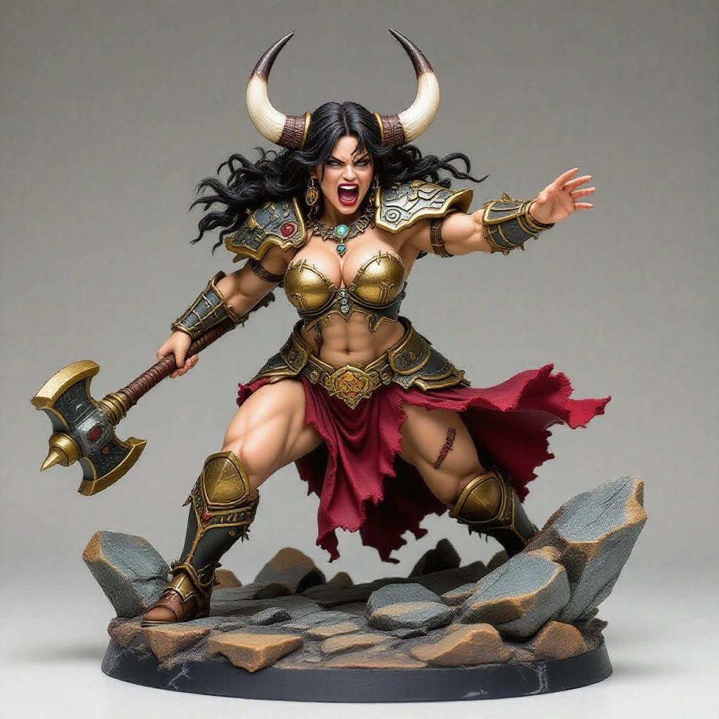 Resin figure of a muscular woman with a fierce expression. She has one leg forward and arms raised, striking the ground with a war mace. Wearing bull horns and heavy armor with gold and red details. Torn dress flaps with impact. Rocky base with cracks. Mythological aesthetic, strong and wild.