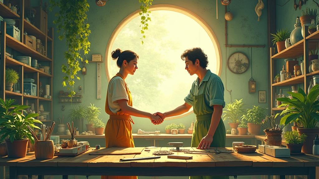 Solarpunk-inspired workshop scene with two individuals shaking hands. Artwork conveys themes of cooperation and equality. workshop filled with plants and natural light. Tools embody sustainability. Soft painterly style reminiscent of Studio Ghibli. Dynamic composition with a colorful atmosphere.