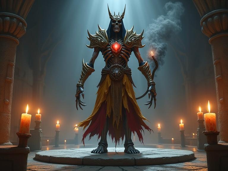 Highly detailed rendering of a skeletal lich floating above a stone platform. Lich wears a dark crown and ornate gold and silver armor with sharp features. Large glowing red gem in chest. Tattered robe in muted yellow and deep red. Clawed hands raised with dark energy. Surrounded by flickering candles in a dark chamber.